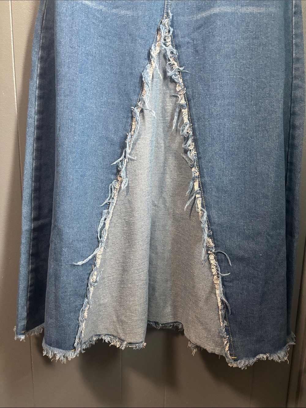 Denim A-Line Maxi Skirt with Frayed Front Slit - Blue 28” waist - Picture 4 of 9